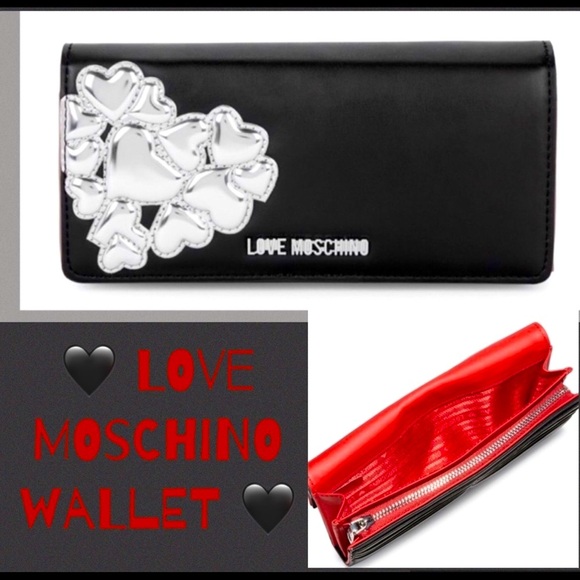 🆕 Love Moschino Authentic Metallic Hearts Wallet Black And Silver NWT - Picture 3 of 15
